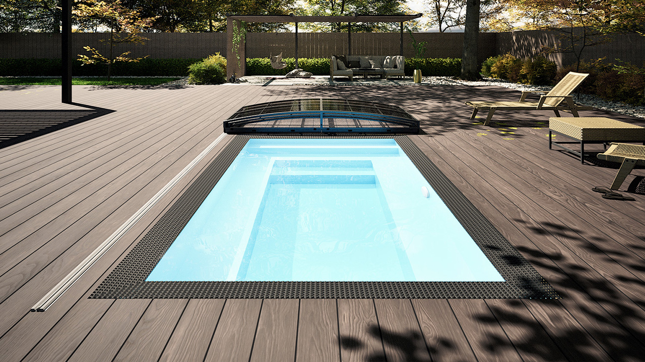 Detailaufnahme des Albixon PP Pool Mini Qbig in Weiß mit den Maßen 225 x 250 und integrierter Sydney Poolüberdachung