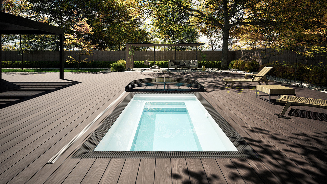 Detailansicht des Albixon PP Pool Mini Qbig in Grau mit den Maßen 225 x 250 und Sydney Poolüberdachung